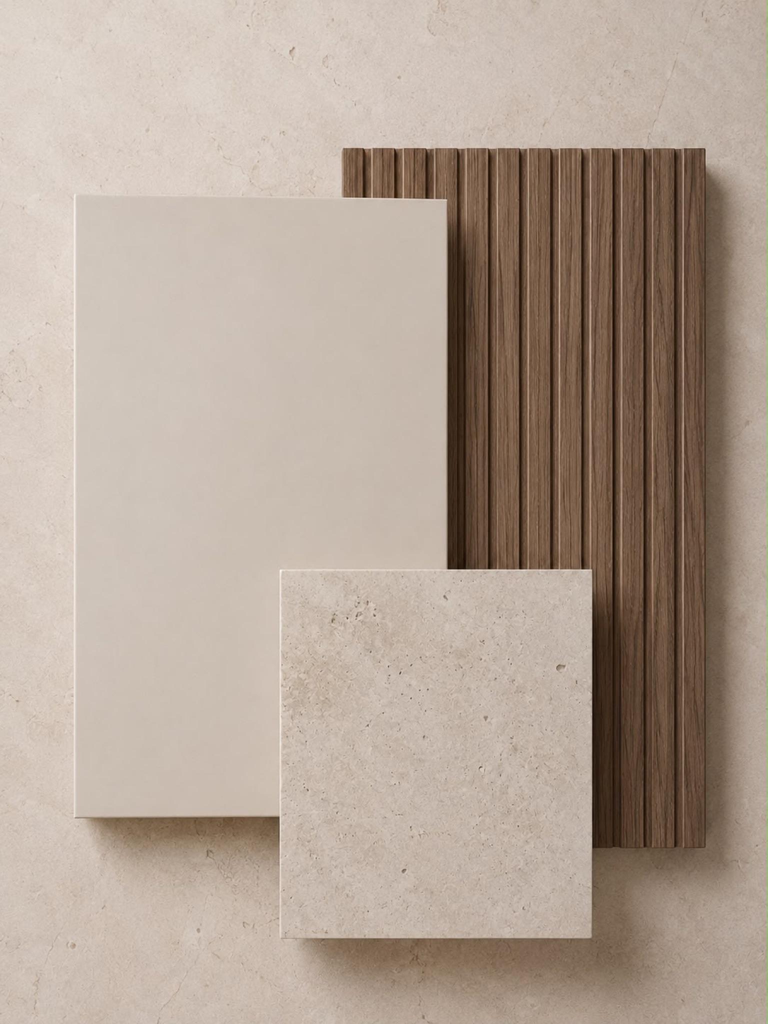 Abergel mood board: light stone, walnut slats and travertine samples