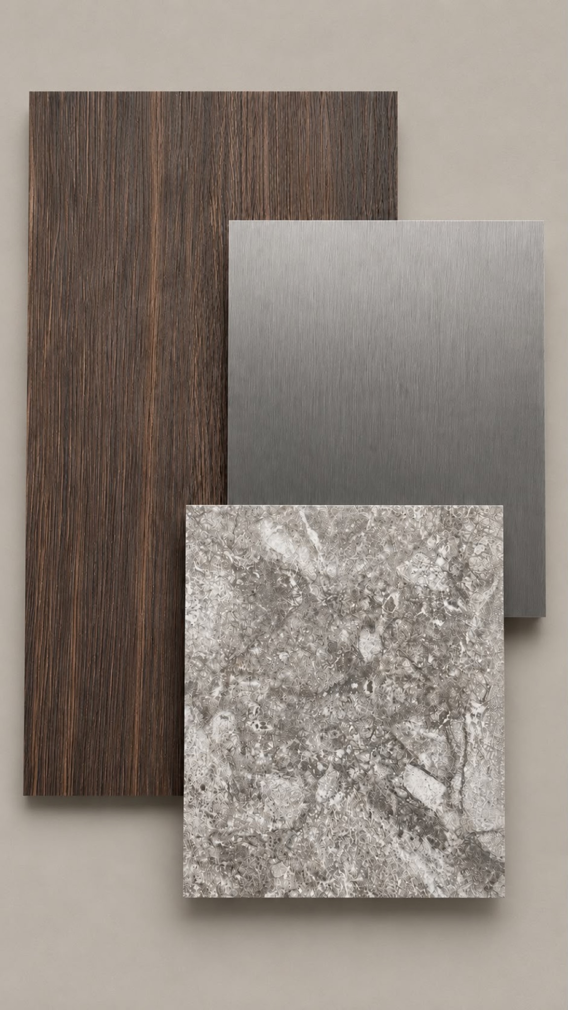 Idit mood board: dark walnut, brushed metal and stone