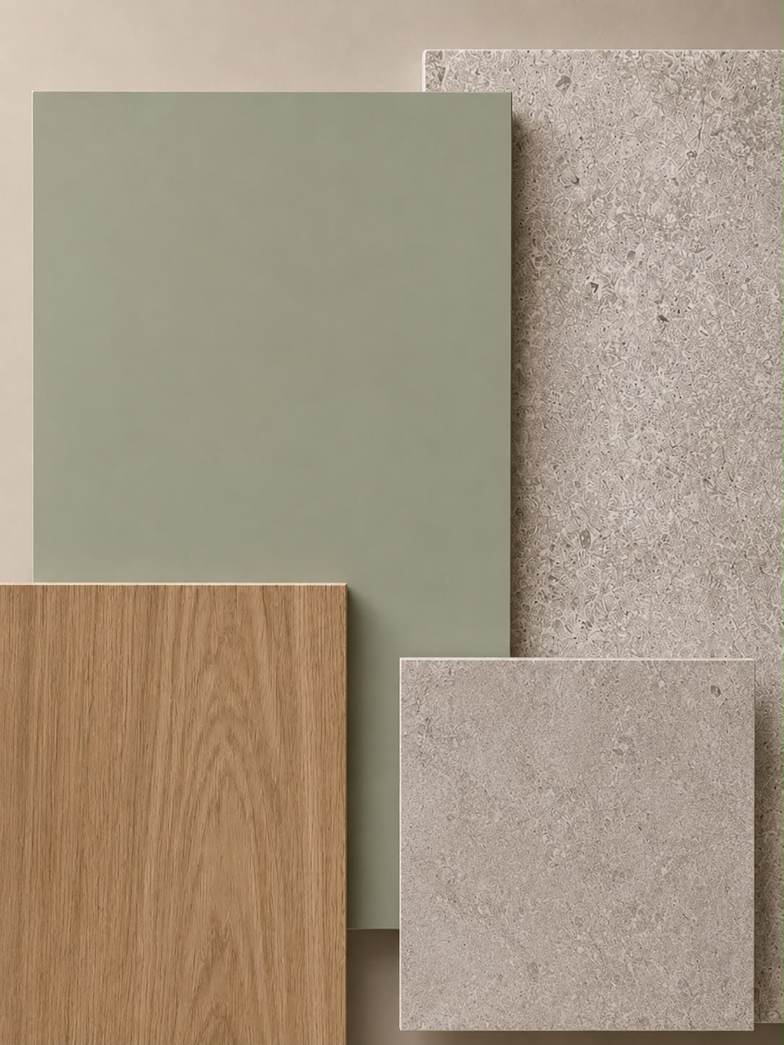 Telker mood board: sage green, stone and timber