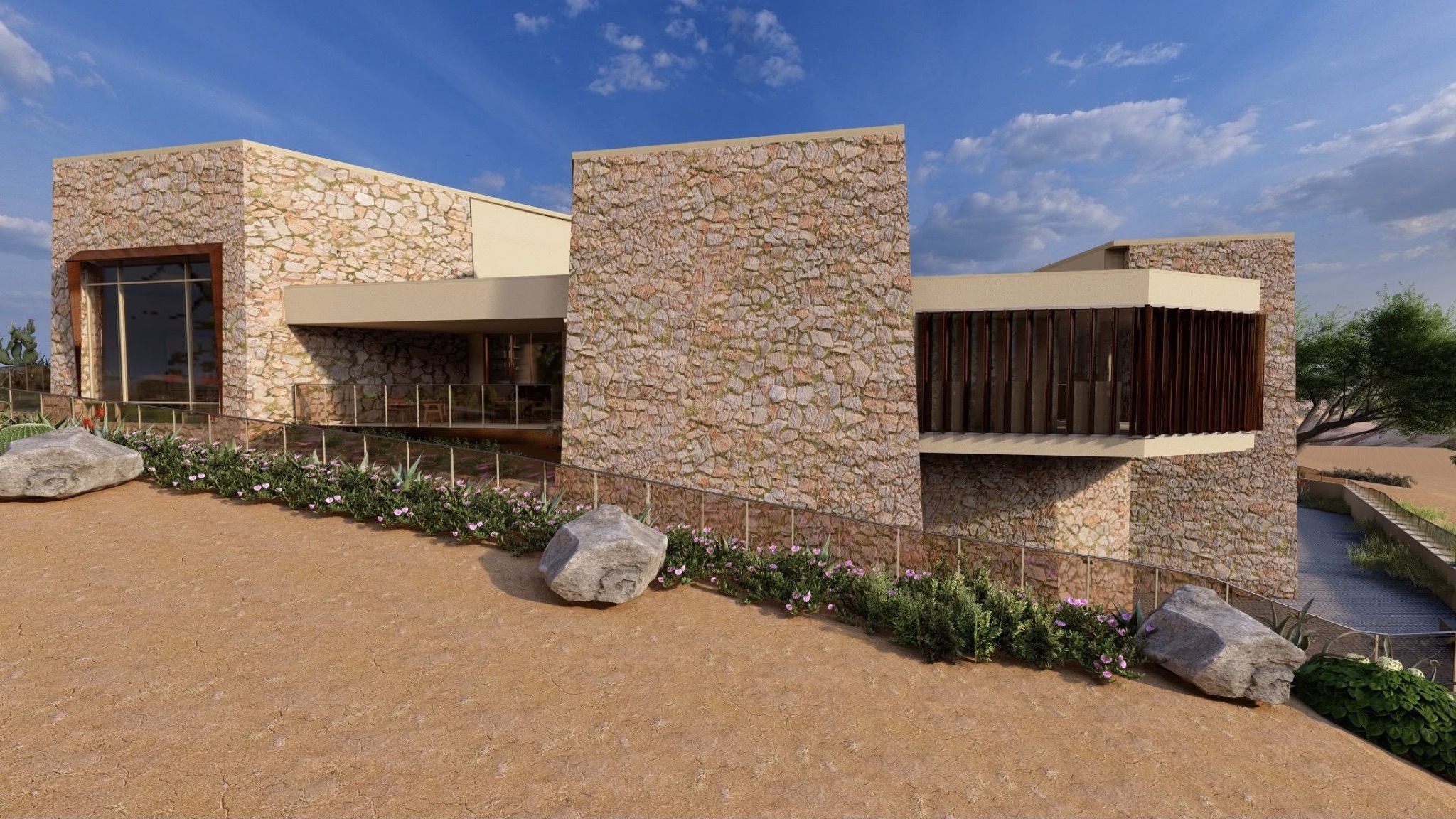 Exterior render of the final project: stone volumes in a desert landscape with local planting