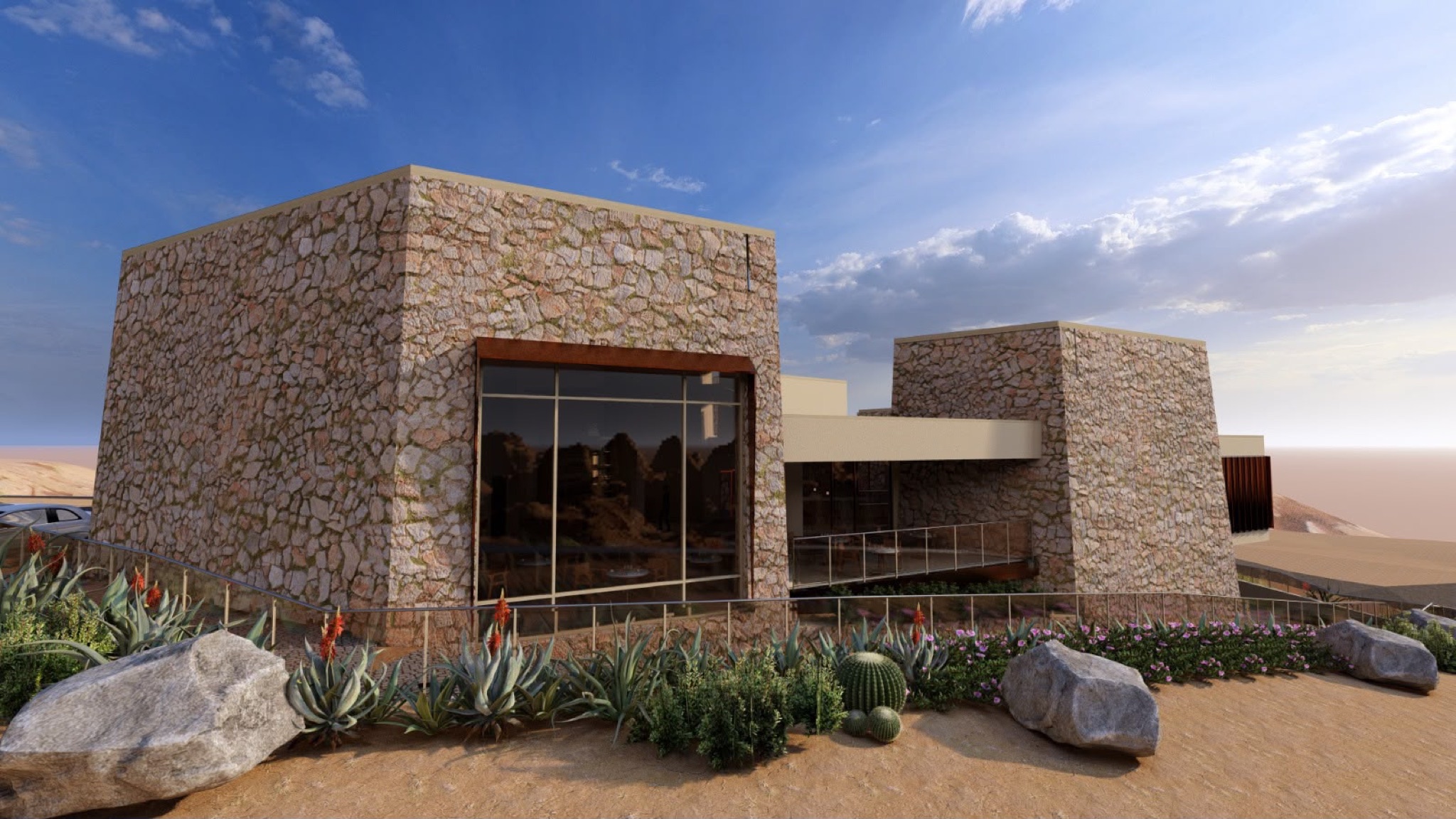 Another exterior render: a paved entry court with a water channel and desert garden