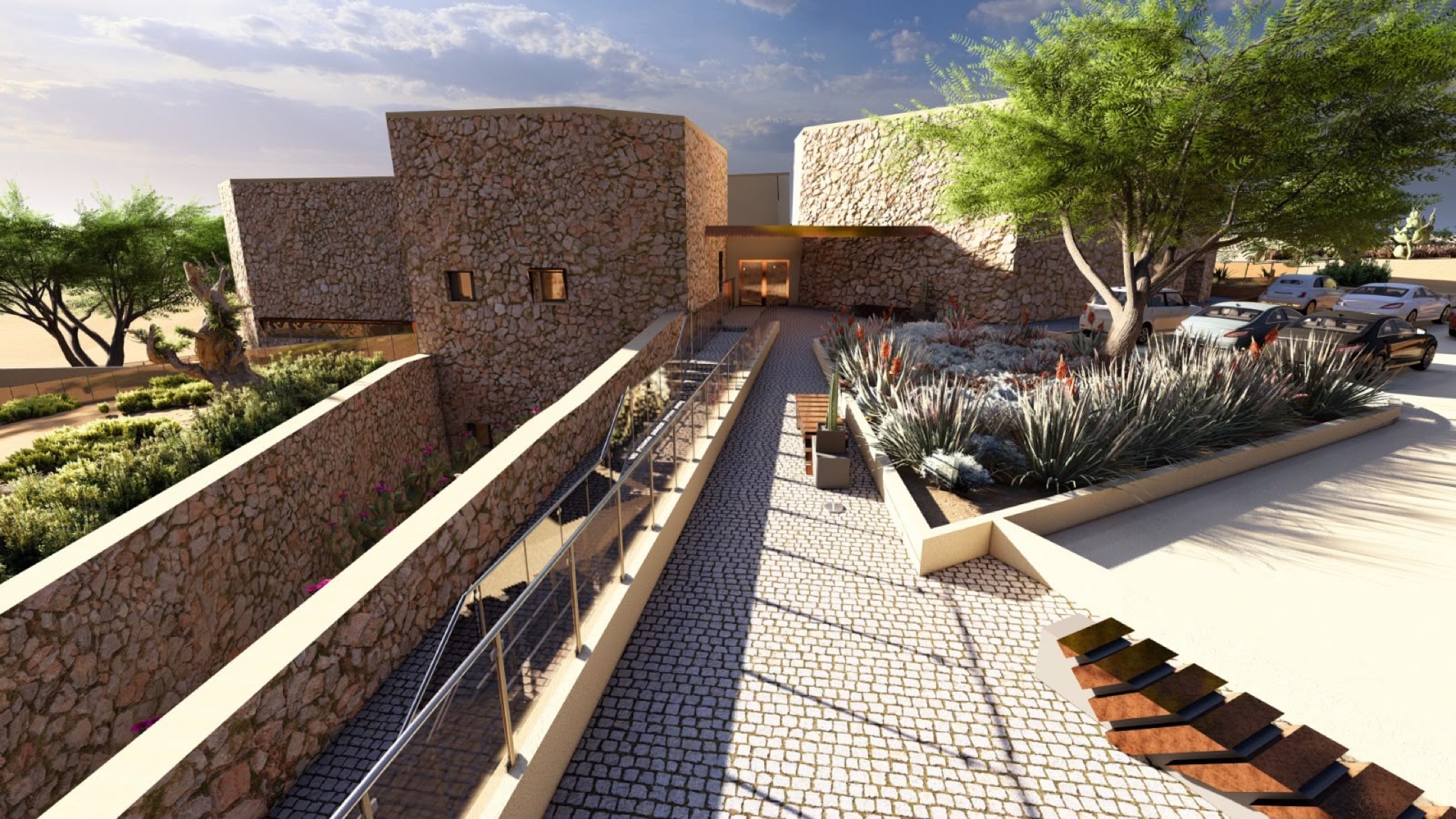 Interior render: a reception space with a stone wall, timber furniture and glazing to the landscape