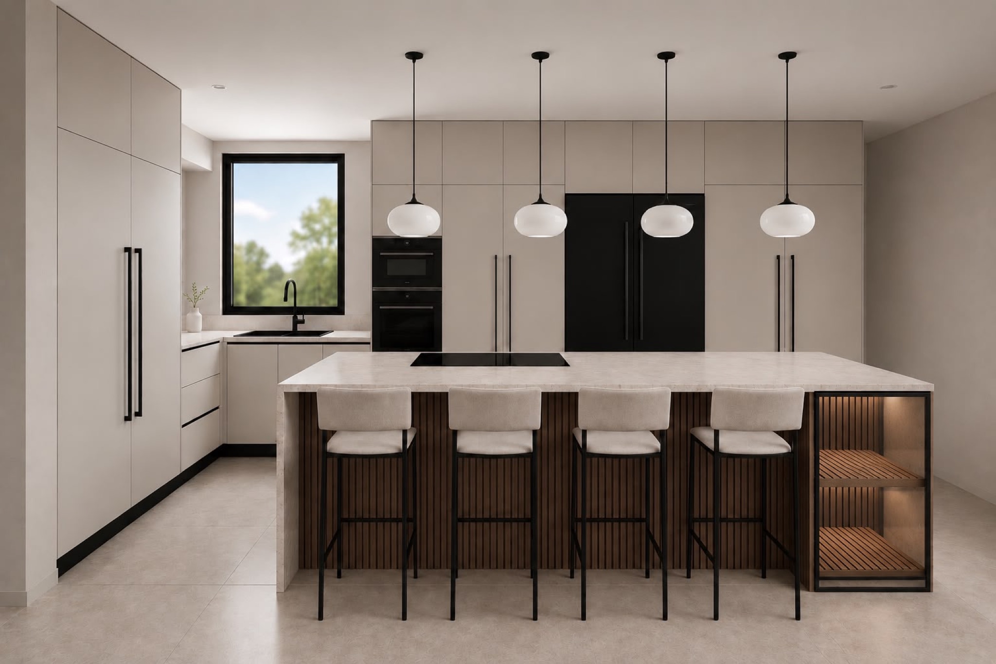 Render of the Abergel kitchen: light cabinetry, a large stone island with a walnut-slat seating niche, black refrigerator and globe pendants