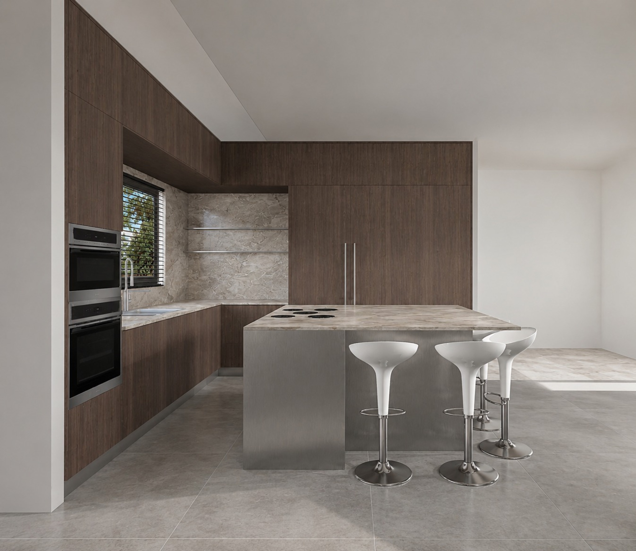 Render of the Idit kitchen: a full dark-walnut cabinet wall, brushed steel island and white sculpted bar stools