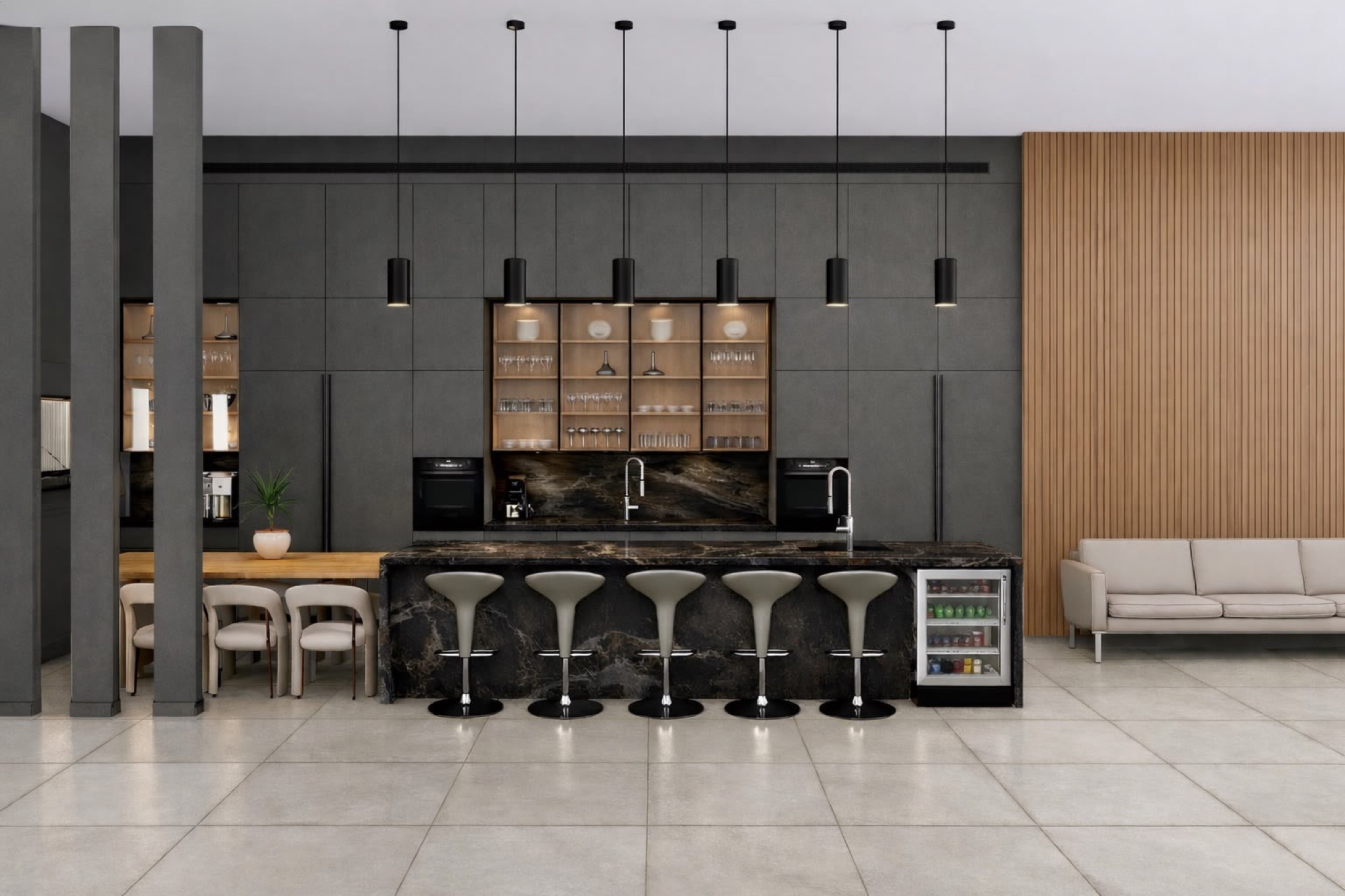 Render of the Nissim hospitality bar: a dark bar wall with lit glass shelving, oak slat cladding and a marble counter