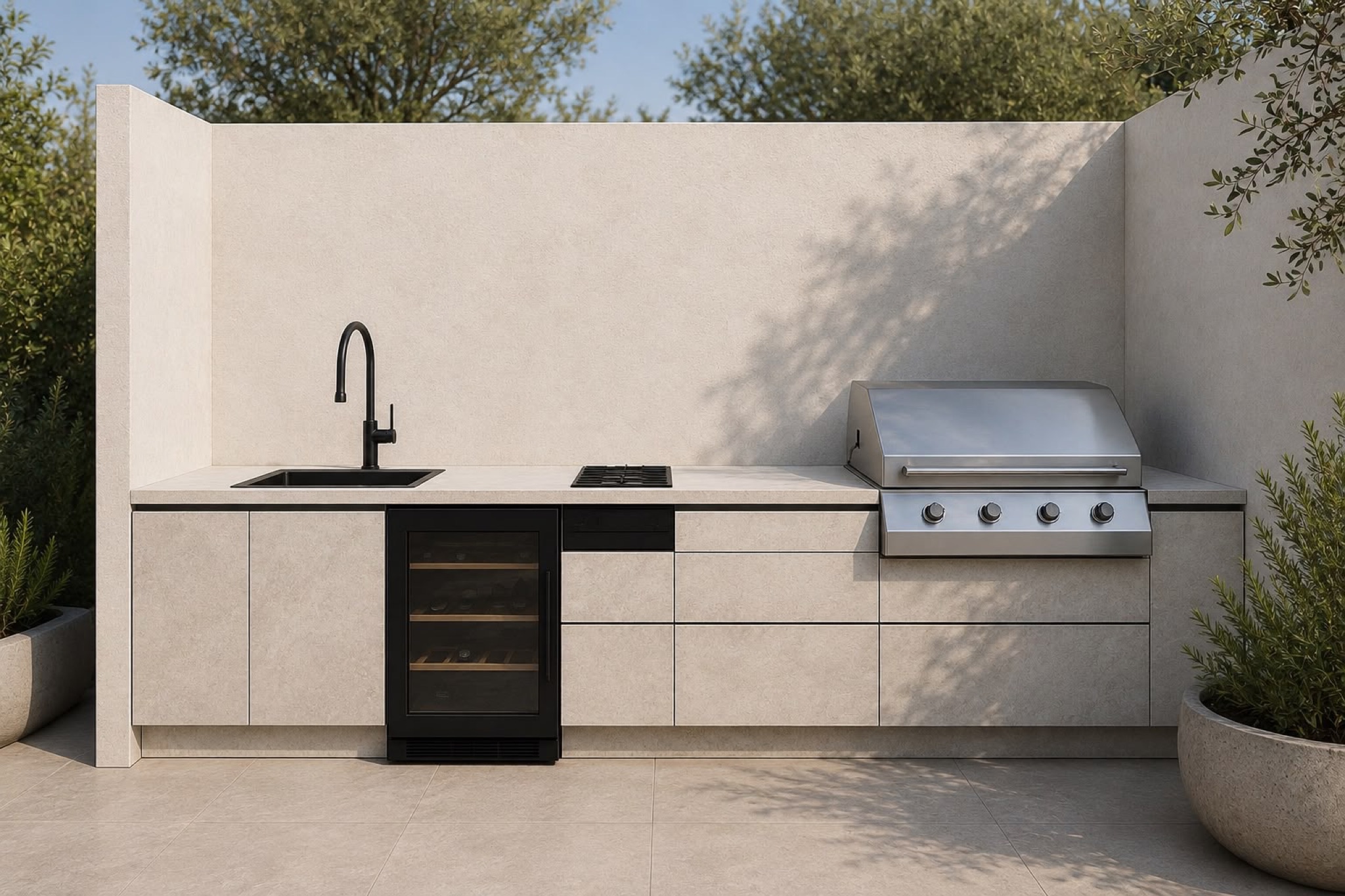 Render of an outdoor kitchen: a light stone front with a grill station, black tap and olive trees
