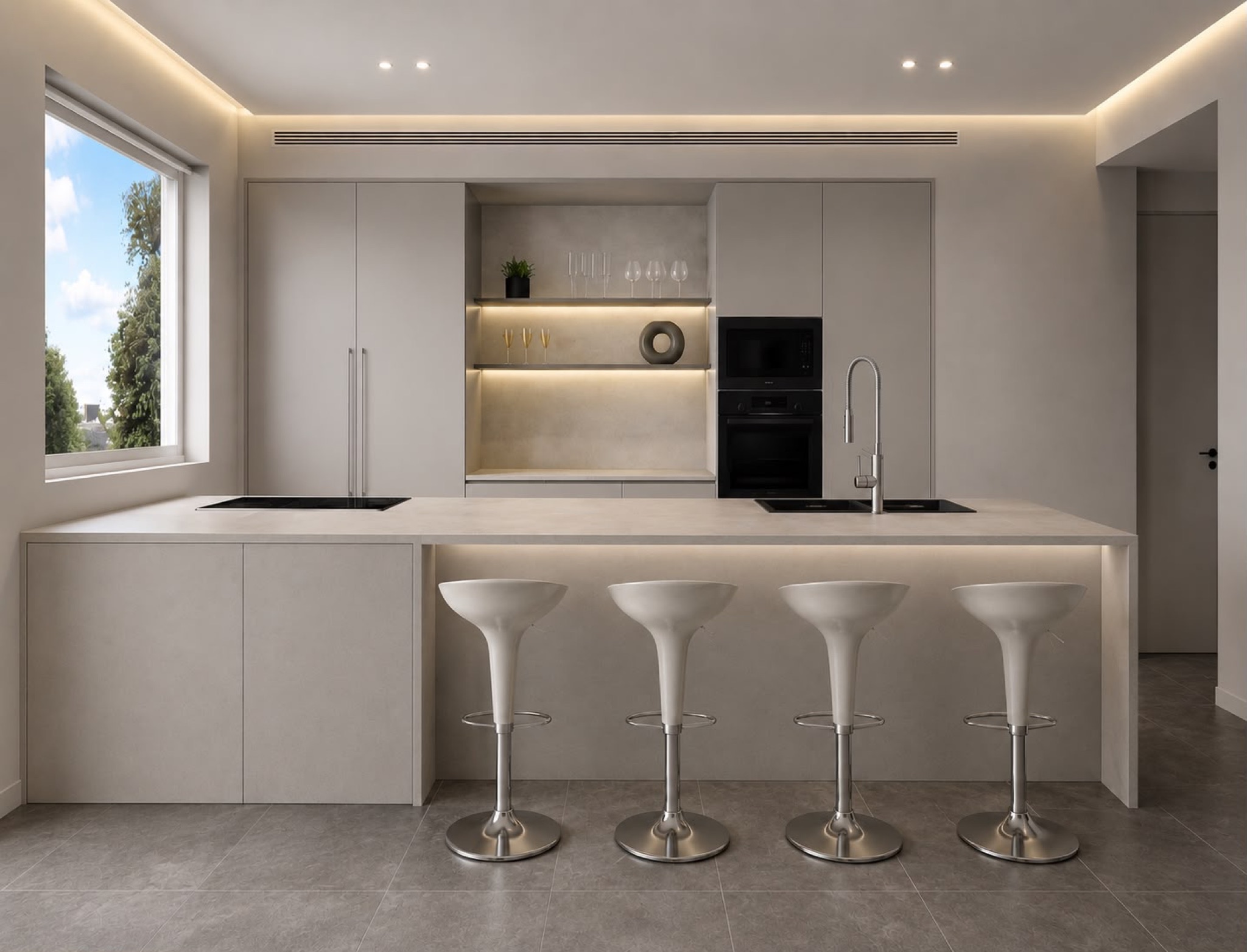 Render of the Shoval kitchen: light cabinetry with a lit niche, white stone island and four bar stools