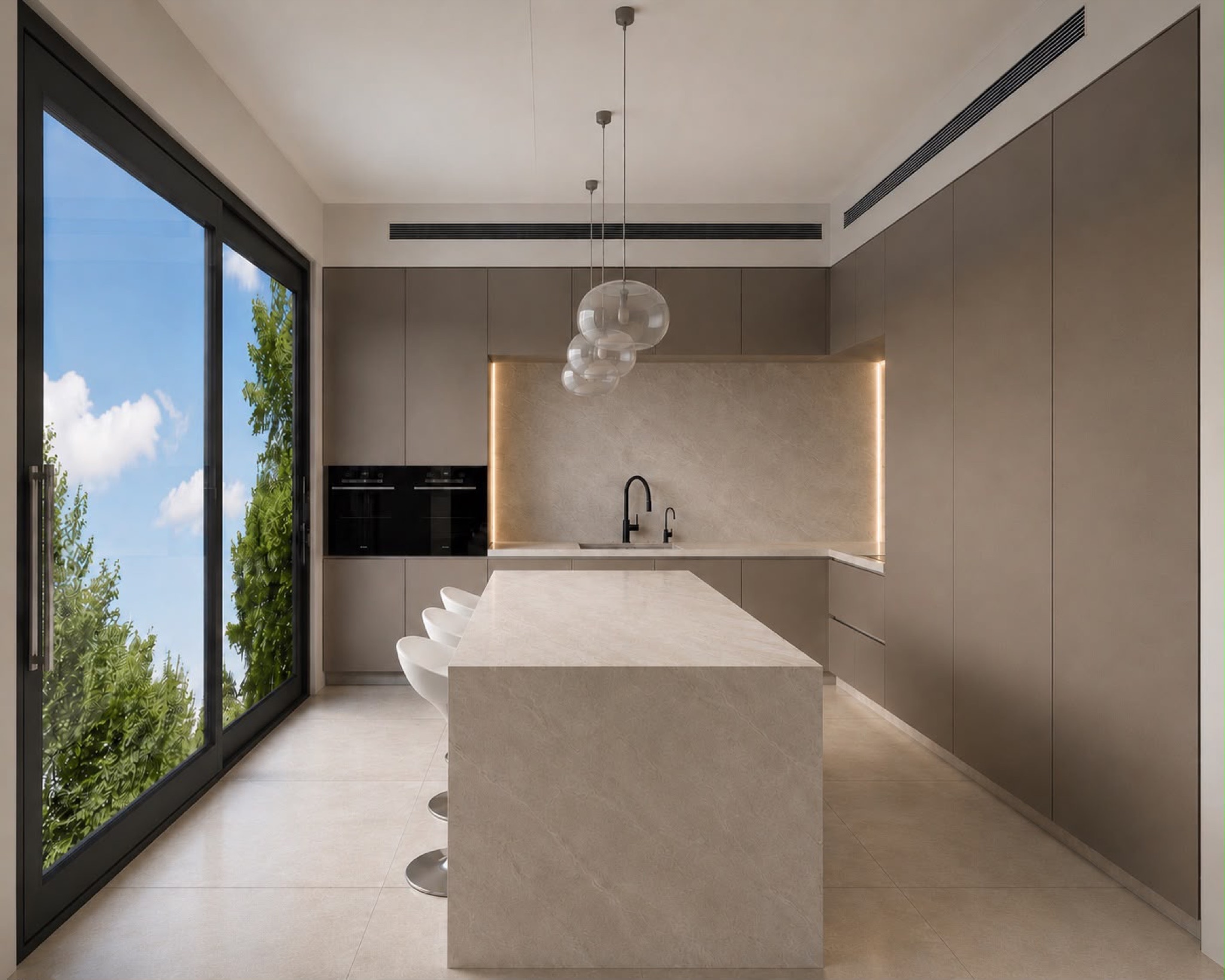 Render of the Stepanko kitchen: a minimal kitchen in warm stone tones, monolithic island and a glass wall to the garden