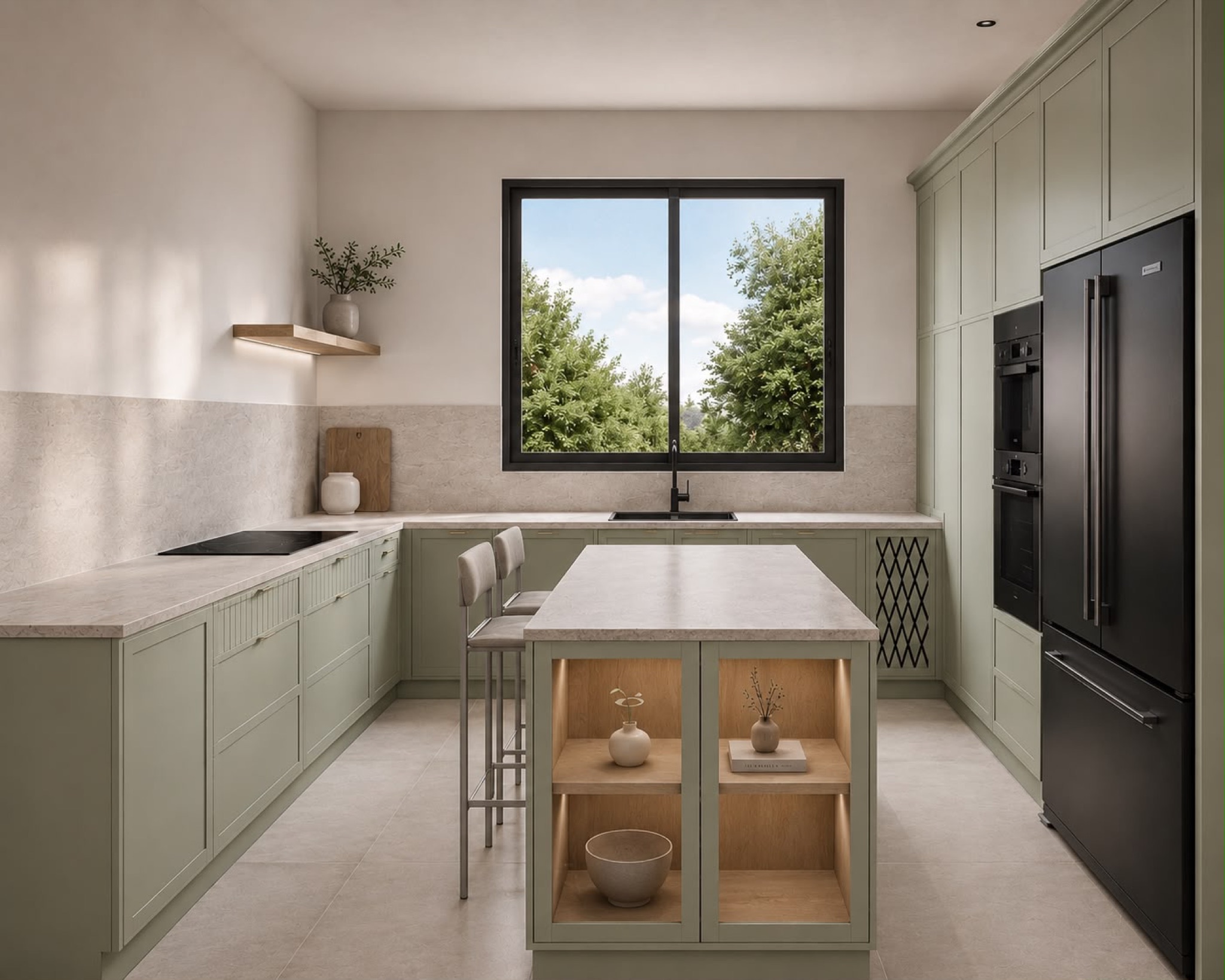 Render of the Telker kitchen: sage green framed cabinetry, an island with lit display cases and a matte black appliance wall