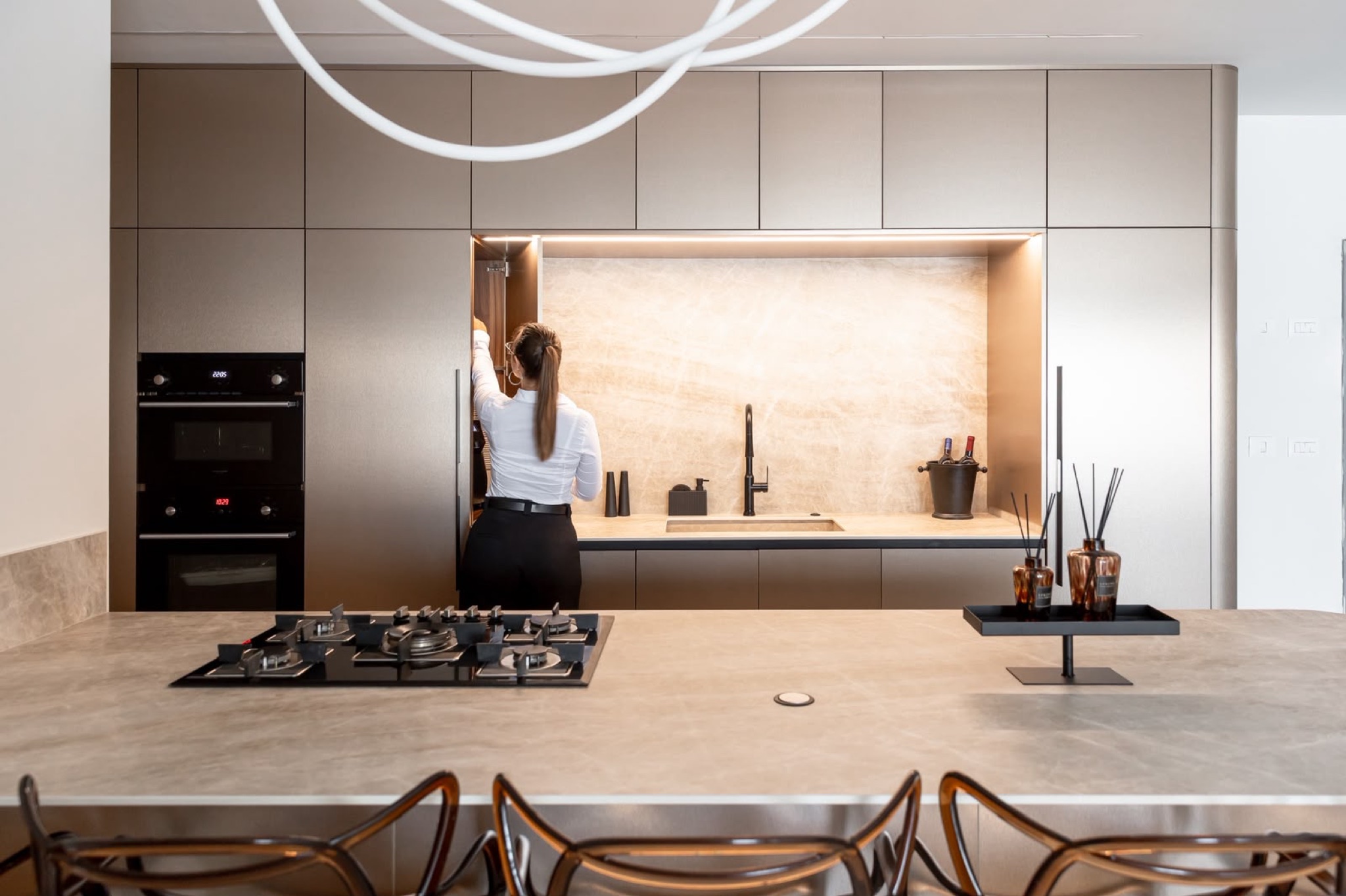 Wide view of the open kitchen and dining space
