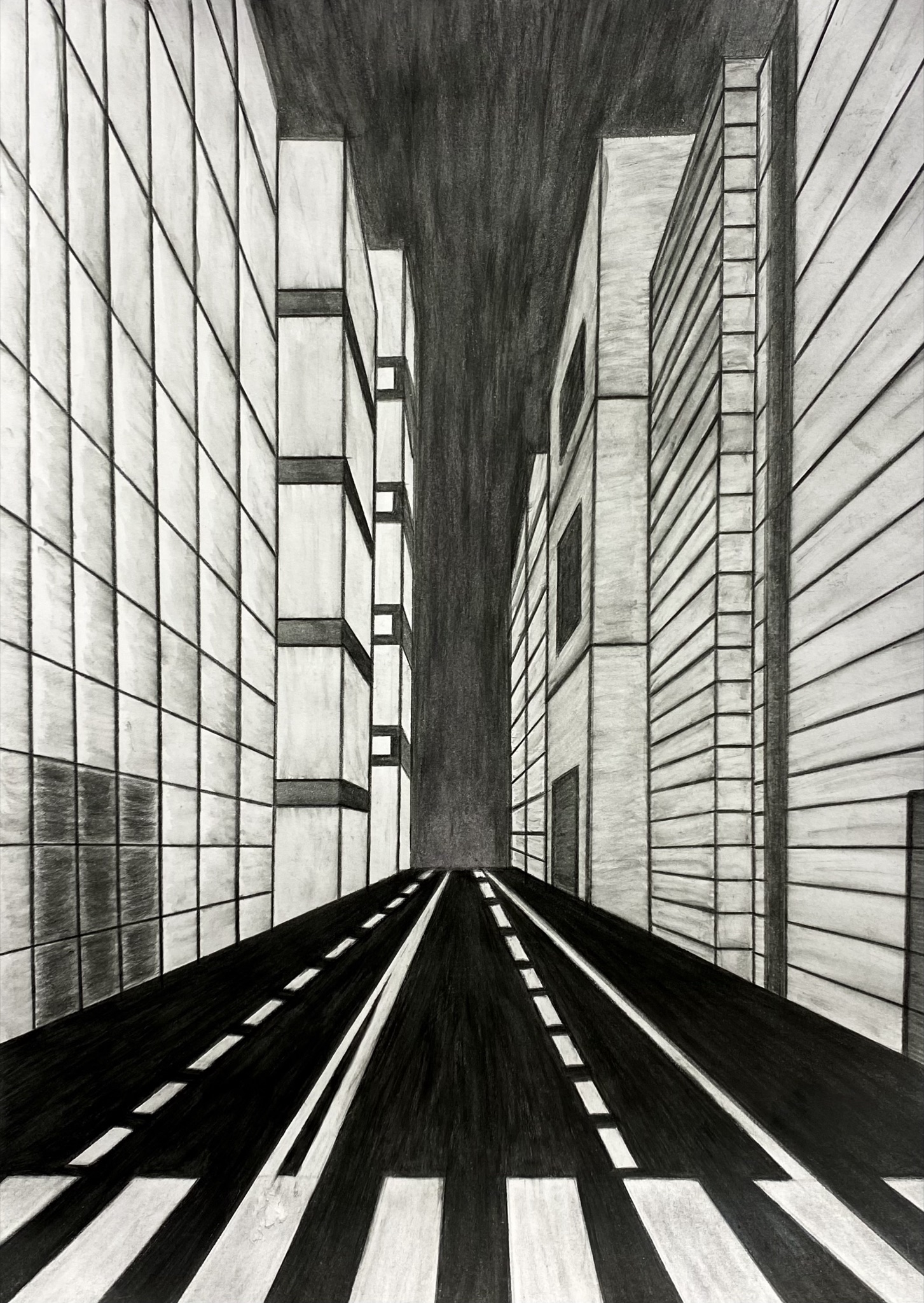 Pencil drawing of a city street in one-point perspective between tall towers