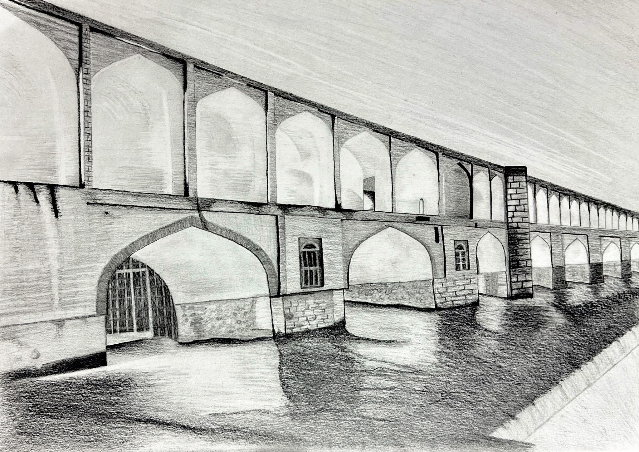 Pencil drawing of a stone arch bridge over a river