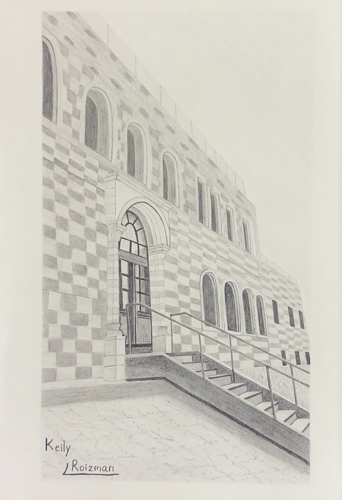 Pencil drawing of a stone building in Jaffa, signed Keily Roizman