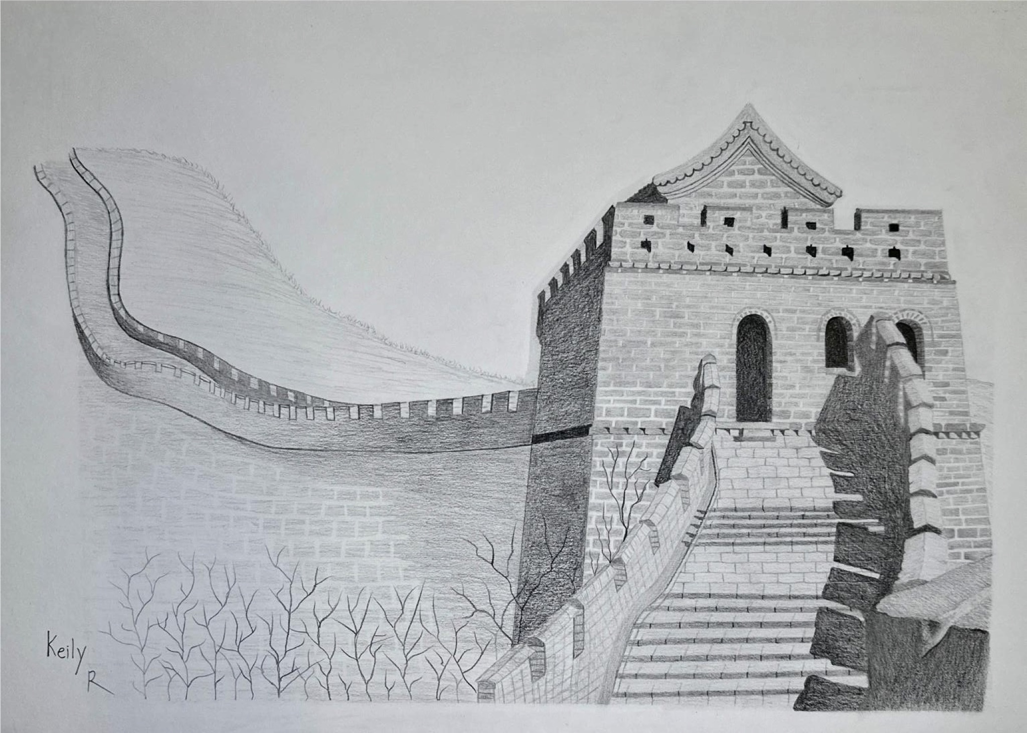 Pencil drawing of the Great Wall of China winding through the mountains