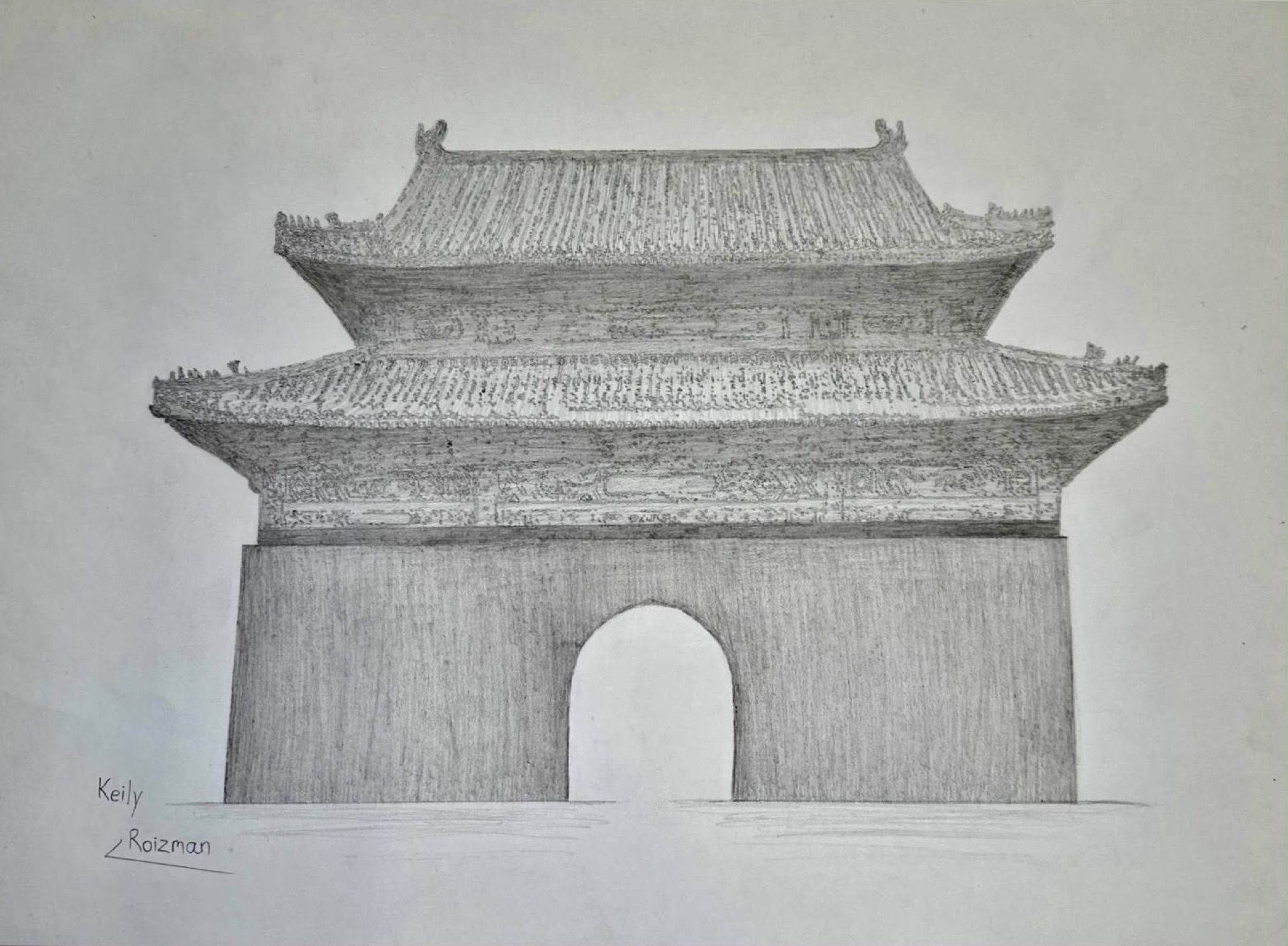 Pencil drawing of a traditional Chinese building