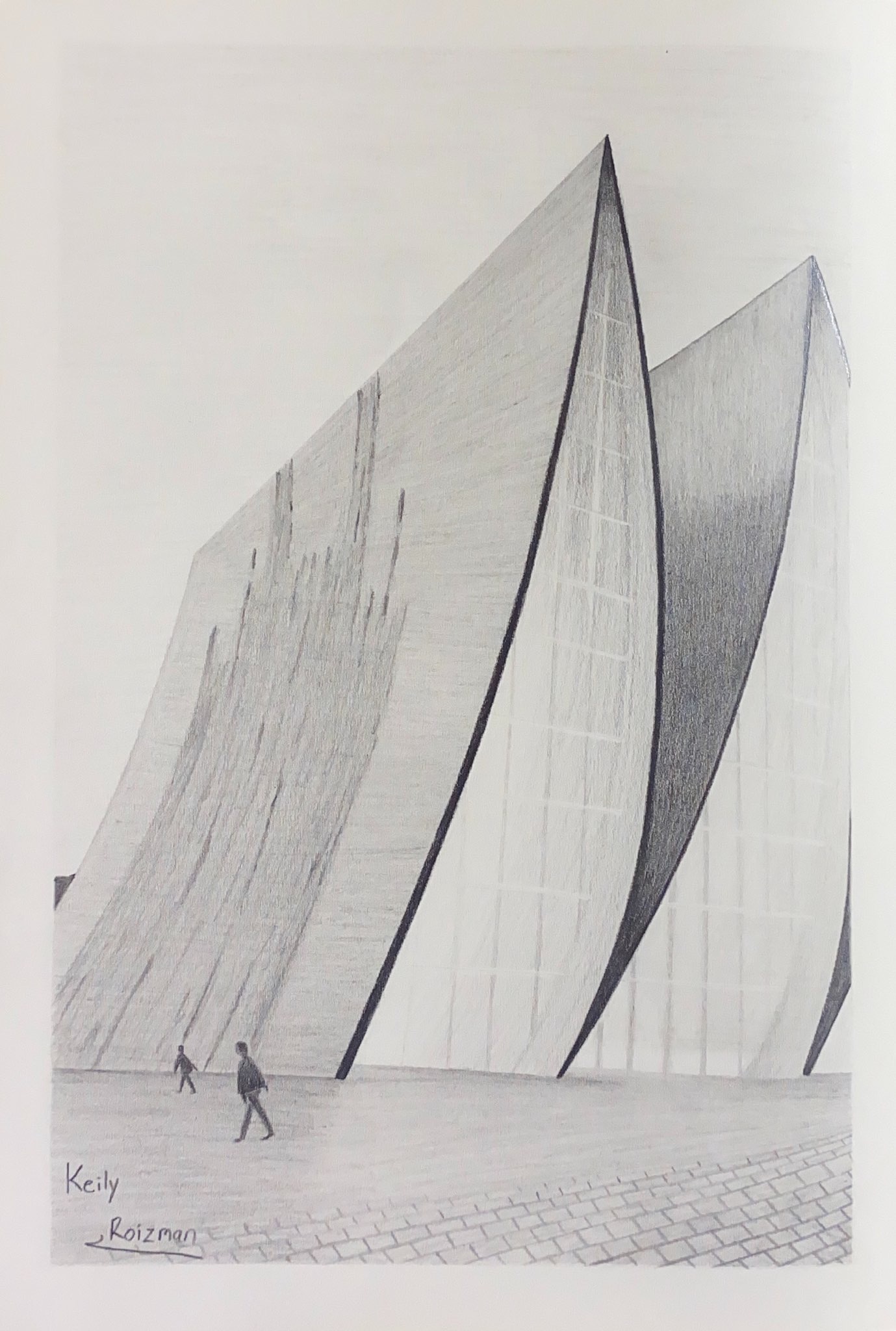 Pencil drawing of a building with unusual geometry